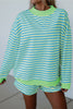 Pink Stripe Color Block Detail Long Sleeve Pullover Elastic Waist Pull On Shorts 2pcs Set