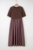 Coffee Short Sleeve Knit Top Patchwork Pleated Long Dress