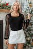 Black Polka Dot Mesh Puff Sleeve Patchwork Ribbed Square Neck Slim Top