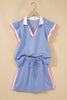 Sky Blue Preppy Striped Trim V Neck Polo Tee Drawstring Skirt Set