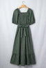 Green Plaid Square Neck Shirred High Waist Ruffle Hem Dress