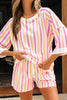 Pink Stripe Drop Shoulder Half Sleeve Loose Tee and Shorts Casual Set