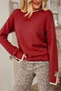 Racing Red Leopard Bow Decor Split Cuff Contrast Trim Sweater