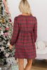 Red Plaid Tie Front Long Sleeve Short Shift Dress