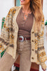 Khaki Western Pattern Knitted Button V Neck Cardigan Sweater