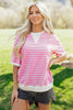 Pink Stripe Round Neck Drop Shoulder Short Sleeve Loose Top