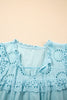 Mist Blue Embroidered Lace Patchwork Tie Neck Puff Short Sleeve Blouse