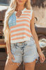 Beige USA Flag Notched Neckline Loose Sweater Vest