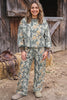 Brown Jungle Camouflage Print Ribbed Trim Long Sleeve Top Plus Size Pant Set
