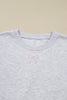 Light Grey Girly Bow Embroidered Puff Sleeve Pullover Loose Shorts Plus 2pcs Outfit