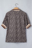 Khaki Leopard Print Half Zip Striped Trim Patchwork Short Sleeve Top