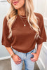 Coffee Ribbed Knit Round Neck Short Sleeve Sweater