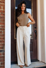 Jet Stream Drawstring Elastic Waist Button Pleated Detail Wide Leg Pants