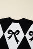 Black Bow Print 2-tone Rhombus Knit Loose Sweater