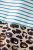 Sky Blue Stripe Contrast Leopard Patchwork Long Shirt Dress with Slits