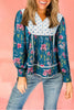 Sky Blue Floral Print Contrast Yoke Patchwork Striped Trim Long Puff Sleeve Blouse