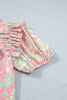 Pink Tie V Neck Floral Short Puff Sleeve Blouse
