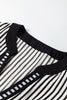 Black Stripe Double Ruffled Short Sleeve Contrast Trim V Neck Midi Dress