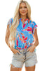 Sky Blue Floral Print V Neck Pompom Trim Flutter Sleeve Blouse