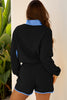 Black Color Block Patchwork Half Button Pullover and Shorts 2pcs Outfit