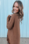 Coffee Waffle Knit Fringed High Low Loose Top