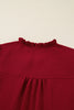 Burgundy Notched Neck Shirred Cuff Long Sleeve Blouse