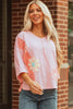 Pink Flower Patched Exposed Seam Bracelet Sleeve Oversized T Shirt