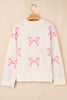 Pink Bow Print Ribbed Trim Exposed Seam Drop Shoulder Loose Sweater