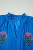 Blue Flower Embroidered Split Neck Short Puff Sleeve Ruffle Hem Dress