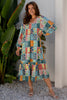 Sky Blue Mix Floral Checkered Pattern Bubble Sleeve Ruffle Hem Dress
