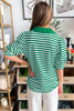 Green Stripe Collared V Neck Short Puff Sleeve Top