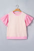 Pink Stripe Ruffled Short Sleeve Patchwork Blouse