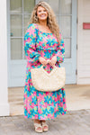 Sky Blue Floral Allover Print Shirred Square Neck Plus Size Maxi Dress