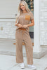 Khaki Stripe Crew Neck Tee Drawstring Waist Cropped Pants Set