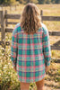 Green Plaid Button-Up Shift Long Sleeve V Neck Plus Size Dress