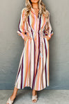 White Multicolor Striped Cuffed Sleeve Tassel Tied Shirt Maxi Dress