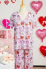 Pink Diverse Bows Buttons Printed Contrast Trim Short Sleeve Shirt Pajama Pant Set