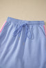 Sky Blue Preppy Striped Trim V Neck Polo Tee Drawstring Skirt Set