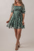 Green Smocked Square Neck Puff Short Sleeve Floral Dress