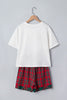 White Plaid Letter Print Short Sleeve Top Elastic Waist Pocket Shorts Lounge Set