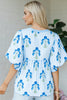 Sky Blue Floral Print Tie Neck Puff Sleeve Blouse