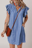 Sky Blue Stripe Frilly Split Neck Shirred Ruffle Sleeve Short Shift Dress