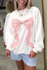 White Floral Bow Decoration Drop Shoulder Long Sleeve Top