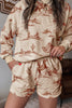 Beige Western Print Loose Fit Long Sleeve Top Short Set