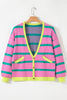 Pink Stripe Colorblock Drop Shoulder Buttoned Loose Cardigan