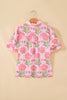 Pink Sweet Blooms Ruffle Striped Trim Puff Sleeve Shirt