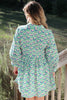 Green Floral Print Notched Neck Scalloped Detail Long Sleeve Mini Dress