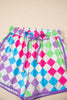 Multicolour Checkered Drawstring Elastic Waist Casual Shorts