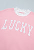 Pink High Neck Floral Patch Embroidery Long Sleeve Sweatshirt