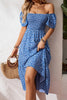 Blue Ditsy Floral Print Smocked Square Neck Ruffle Short Sleeve Dress